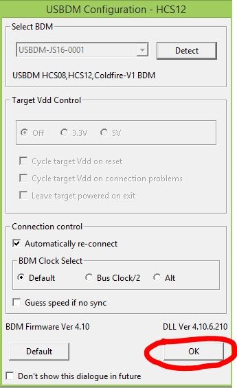 В окне USBDM Configuration - HCS12 нажать «OK».