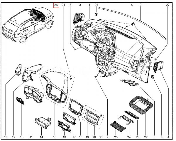 Облицовка торпедо центральная в сборе (черная) для Lada XRAY с ММС EnjoY Pro