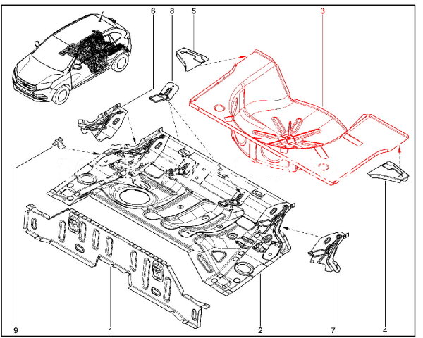 Задняя часть заднего пола Lada XRAY