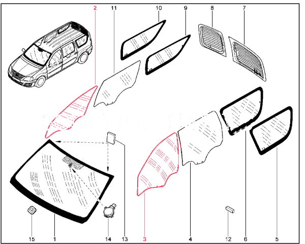 Стекло опускное передней двери тонированное (Normal green) для Lada Largus