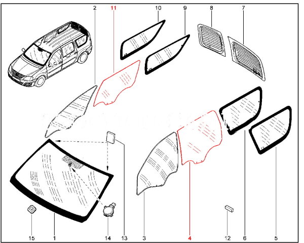 Стекло опускное задней двери тонированное (Normal green) для Lada Largus