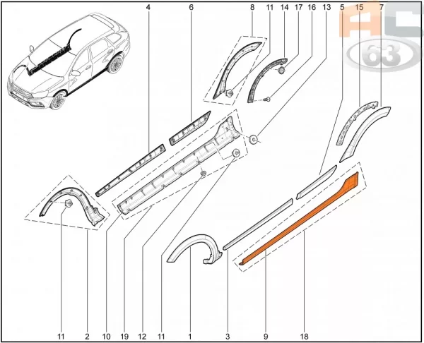 Обтекатель порога левый с клипсами для Lada Vesta Cross, SW Cross