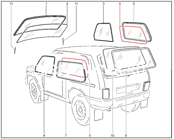 Стекло окна боковины заднее для Lada Niva Legend, 4x4, Urban 3 двери