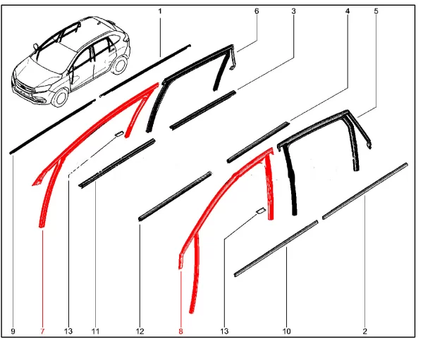 Уплотнитель опускного стекла передней двери верхний для Lada XRAY