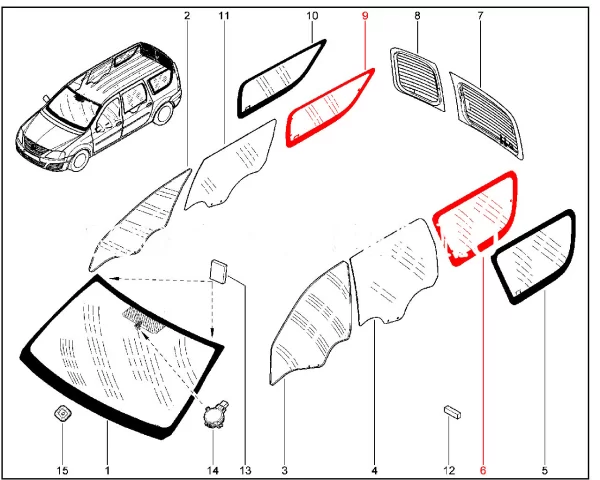 Стекло окна боковины поворотное тонированное для Lada Largus