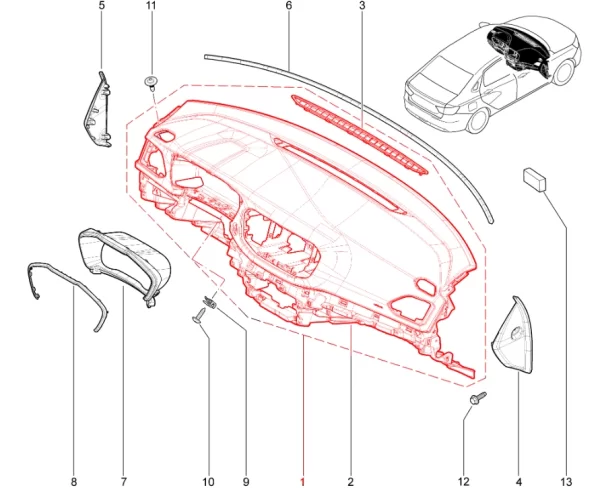 Каркас панели приборов (торпедо) в сборе с воздуховодом для Lada Vesta NG