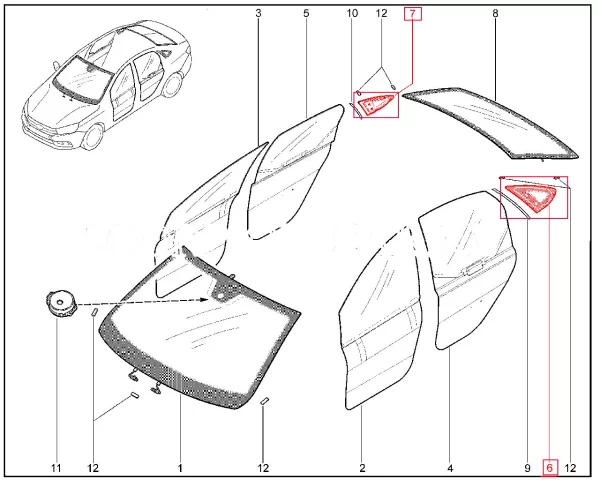 Стекло окна боковины с упорами в сборе для Lada Vesta седан