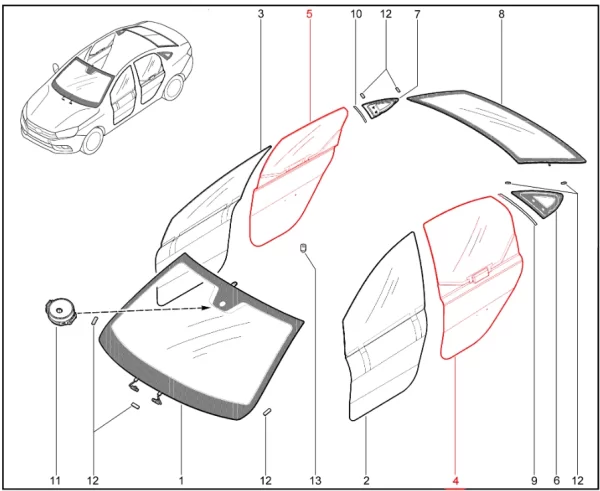 Стекло опускное задней левой двери с защитной пластиной для Lada Vesta