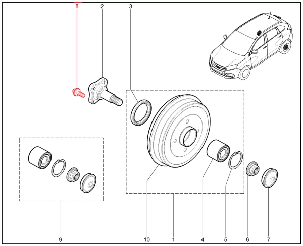 Болт ступицы заднего колеса (барабанные тормоза) для Lada Vesta, XRAY