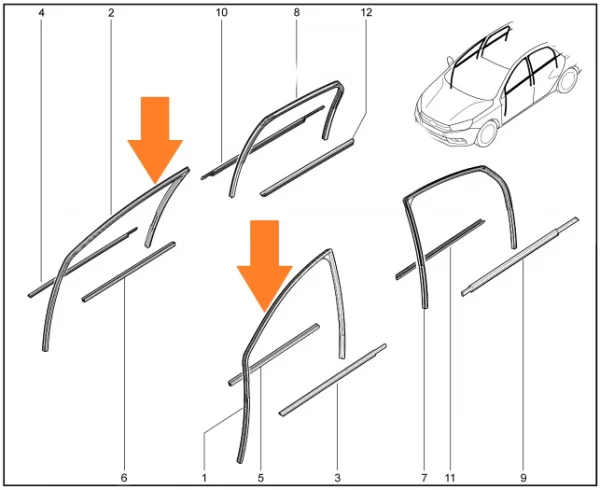 Уплотнитель опускного стекла переднего для Lada Vesta