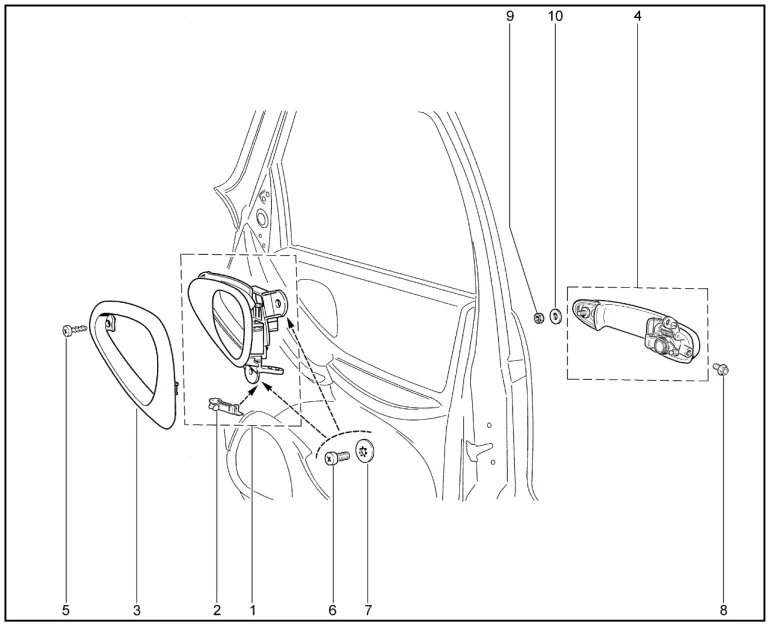 Ручки дверей наружные, внутренние передние