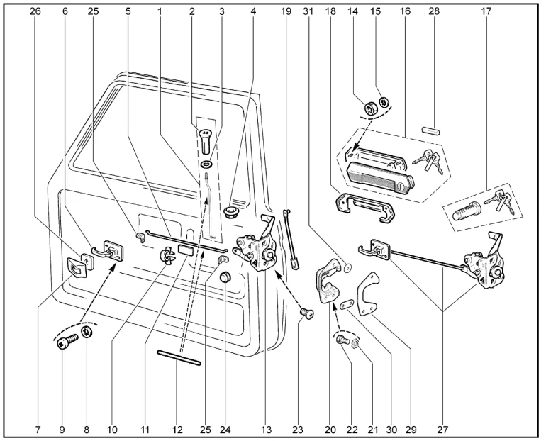 Замки дверей передних, ручки дверей
