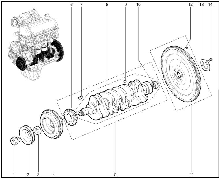 Вал коленчатый, маховик (дв.1,7л. - P3N)(без КУ)