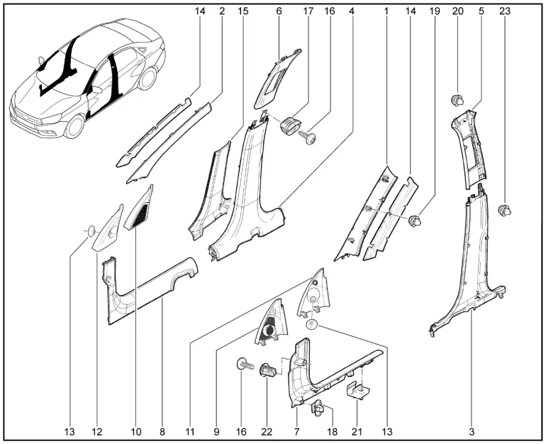 Обивки стоек, облицовки порогов (седан)