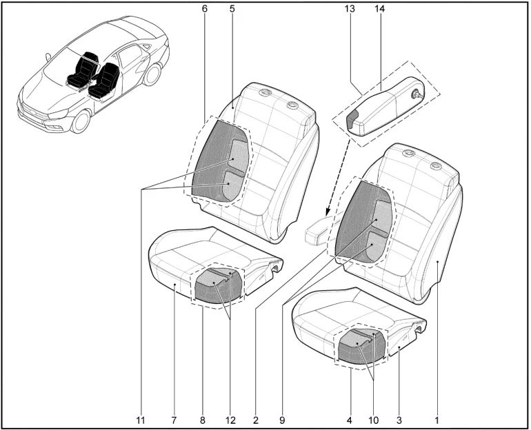 Обивка, набивка сидений первого ряда (с обогревом)