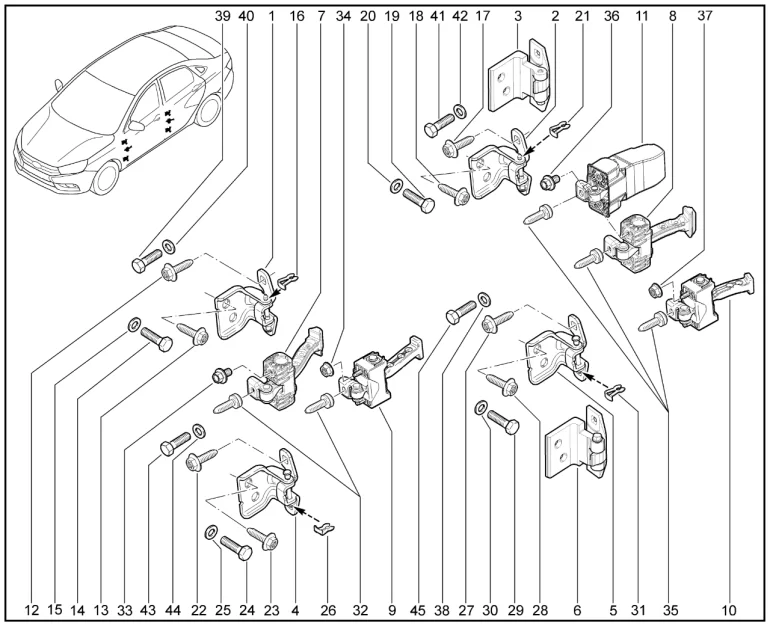 Петли дверей, ограничители дверей (левая сторона)