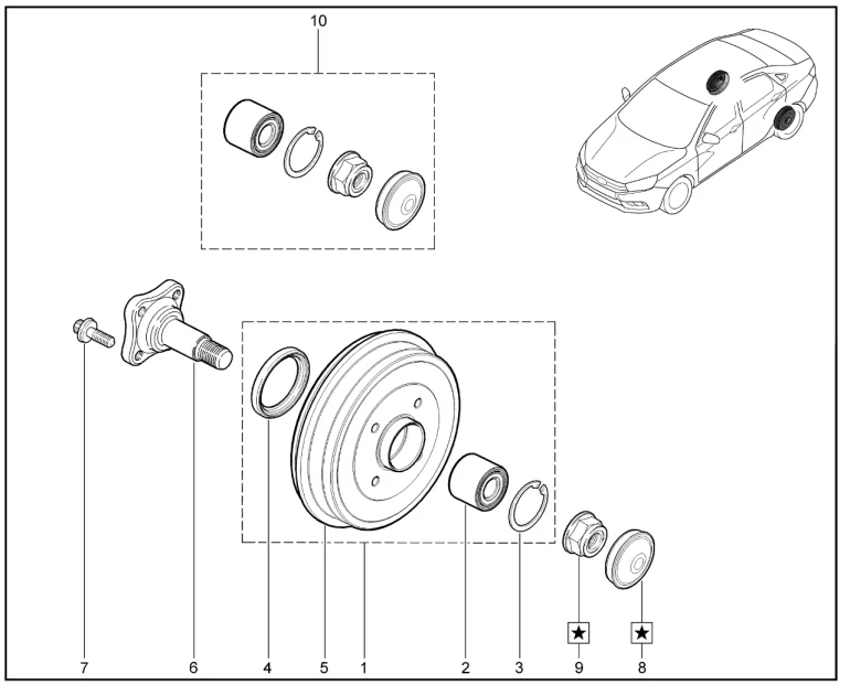Ступица колеса заднего (барабанные тормоза)