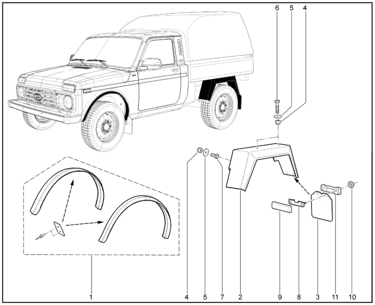 Расширители переднего крыла и арки задних колес (пикап ВИС)