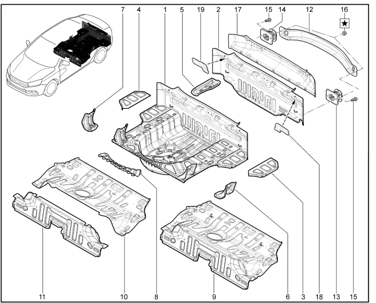 Элементы кузова нижние задние (седан)
