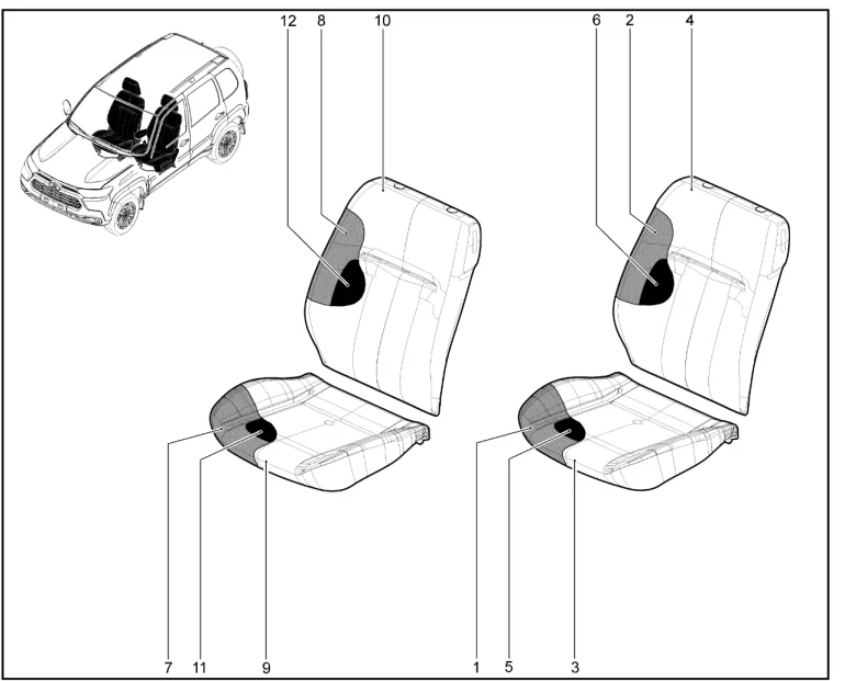 Обивка, набивка сидений первого ряда