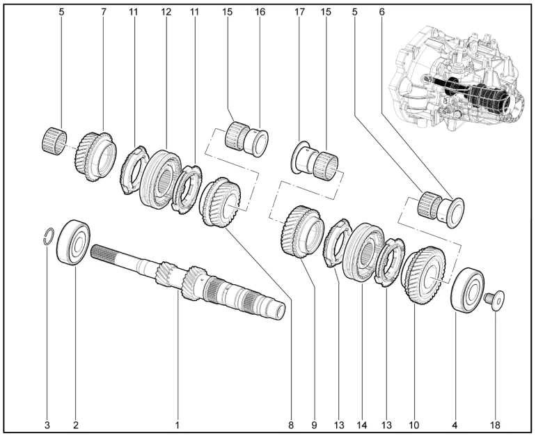 Шестерни коробки передач и вал первичный (механич. 6 ст.)