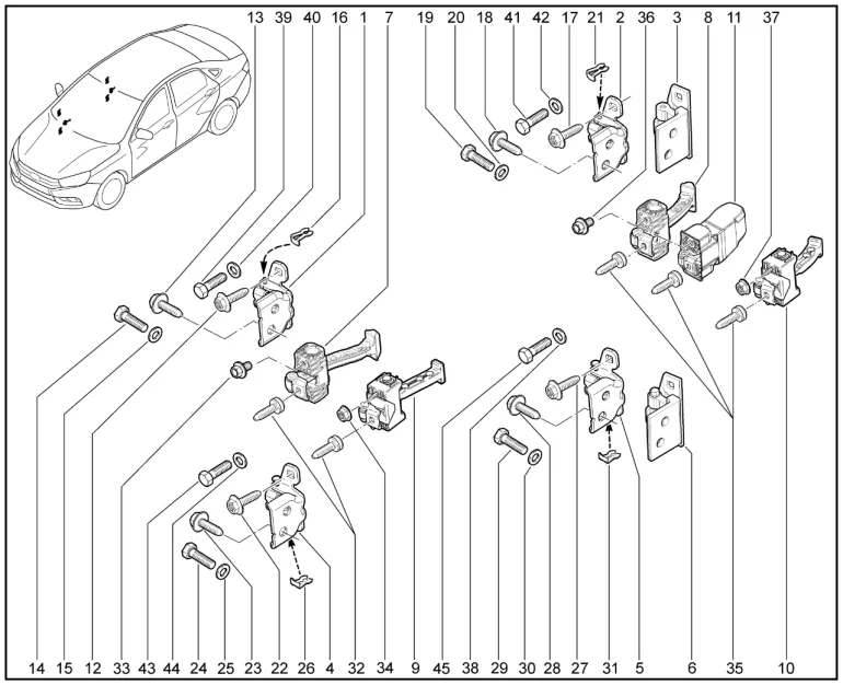 Петли дверей, ограничители дверей (правая сторона)