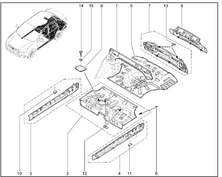 Элементы кузова нижние средние и задние (седан, лифтбек)