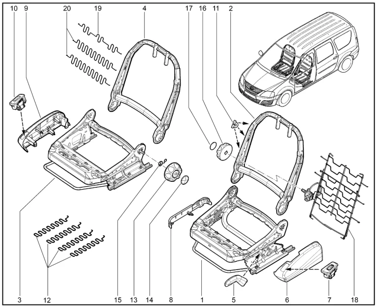 Каркас сиденья водителя и пассажира (с высотной регулировкой)