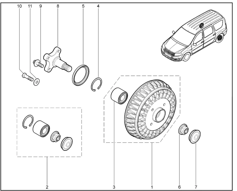 Ступица колеса заднего, барабан заднего тормоза