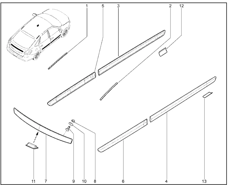 Молдинги, накладки, облицовки (седан, лифтбек)