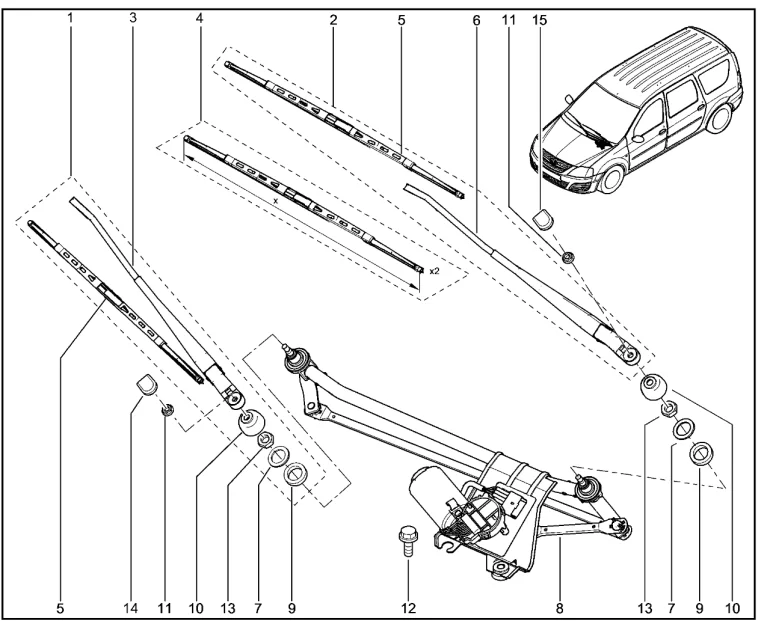 Привод стеклоочистителя передний, щетки