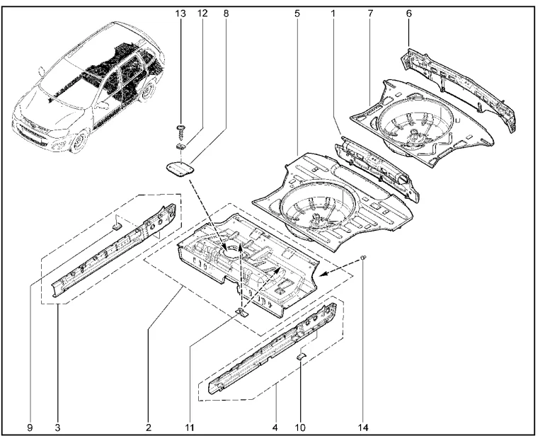 Элементы кузова нижние средние и задние (хэтчбек, универсал)