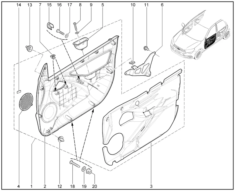 Обивка передней левой двери (деталировка)
