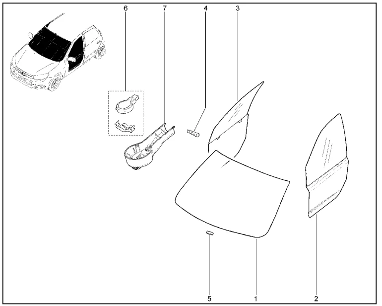 Стекла ветрового окна и передних дверей