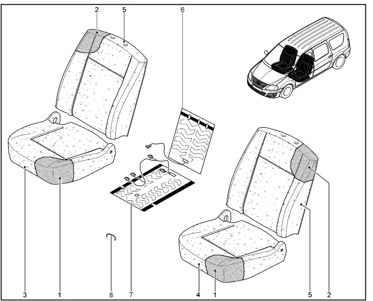 Обивка, набивка, обогрев сидений первого ряда