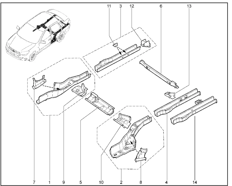 Элементы кузова нижние задние (седан, лифтбек)
