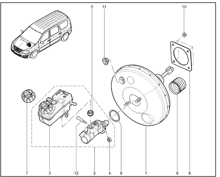 Усилитель тормозов вакуумный, деталировка (P3M,P4M)